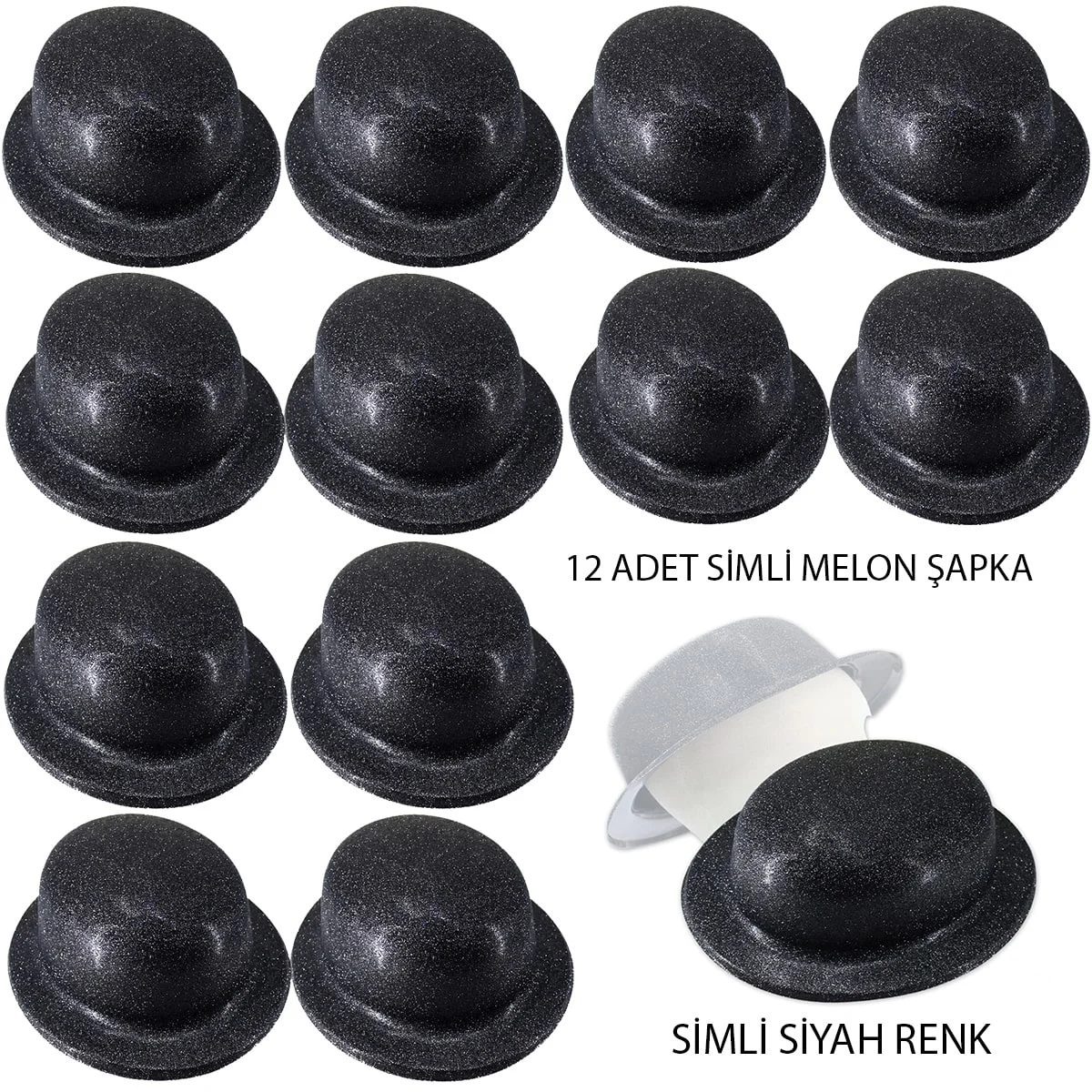 İthalat® Siyah Renk Simli Melon Yuvarlak Parti Şapkası 12 Adet İthalat® Siyah Renk Simli Melon Yuvarlak Parti Şapkası 12 Adet