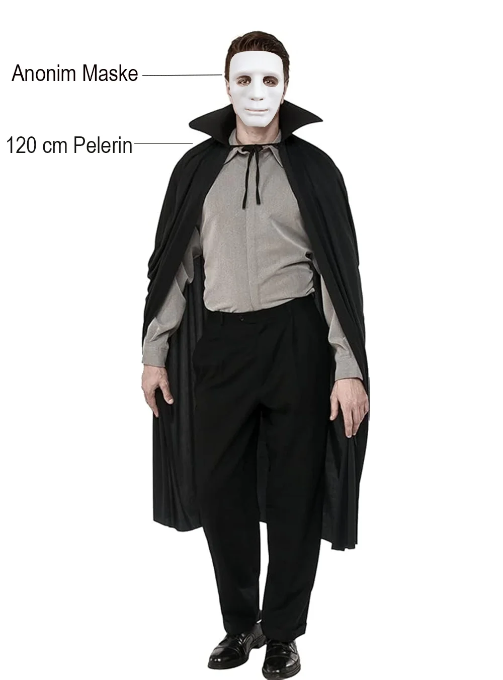 İthalat® Siyah Renk Yakalı 120 cm Pelerin ve Beyaz Anonim Maske