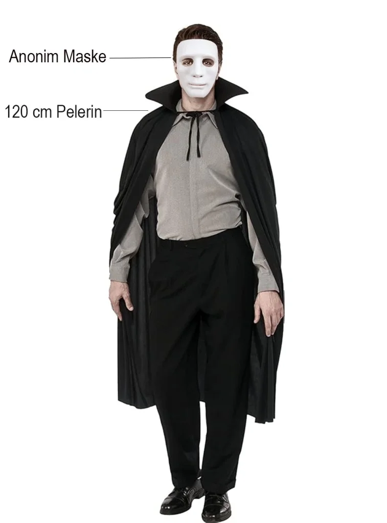 İthalat®  Siyah Renk Yakalı 120 cm Pelerin ve Beyaz Anonim Maske