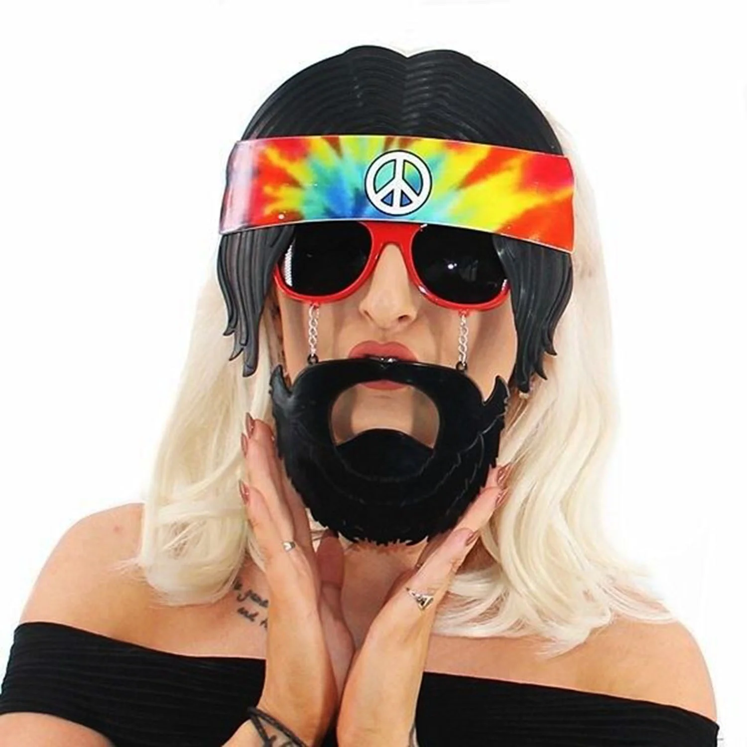 İthalat® Siyah Saçlı Bandana Tasarımlı Hippi Parti Gözlüğü 26x18 cm