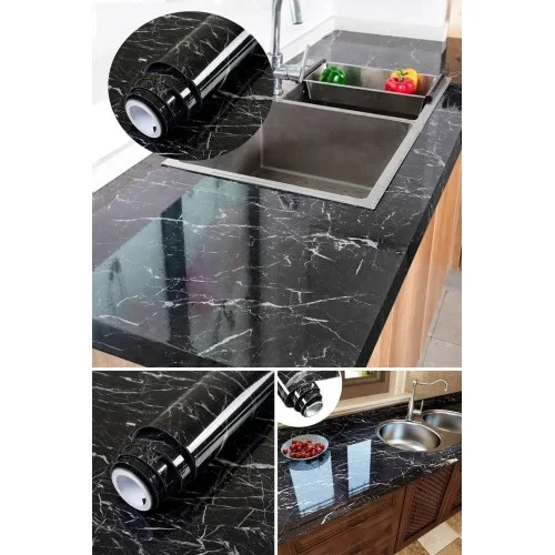 İthalat® Siyah Yapışkanlı Kaplama Kağıdı Mermer Desenli Büyük Boy 5 Metre