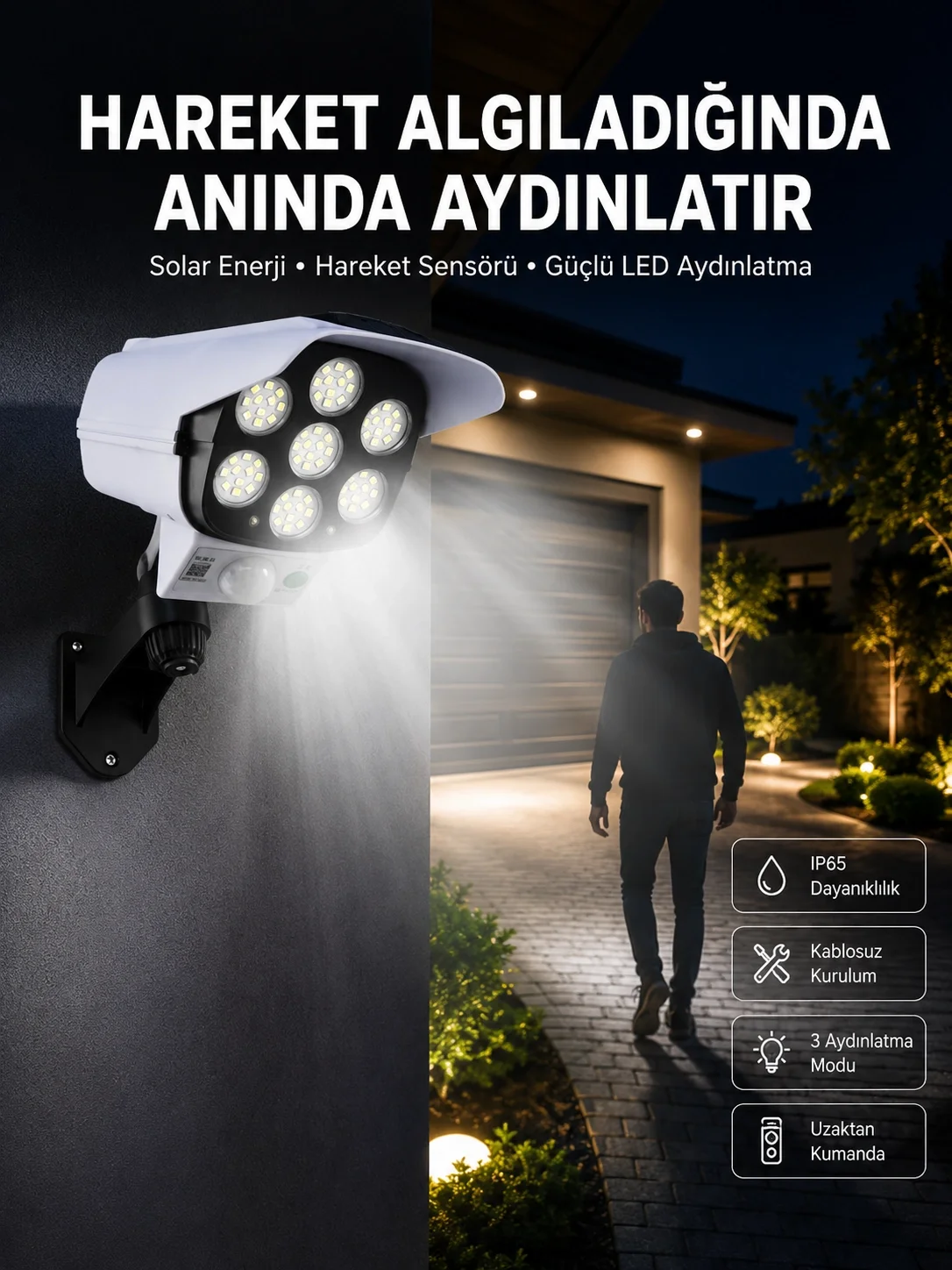 İthalat® Solar Bahçe Lambası Uzaktan Kumandalı Kamera Görünümlü Hareket Sensörlü