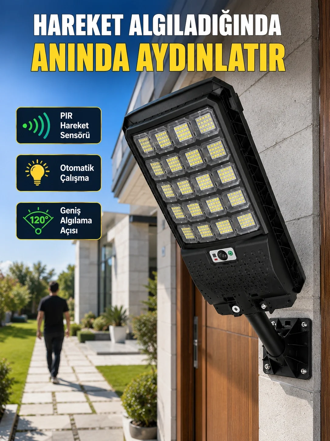 İthalat® Solar LED Bahçe Lambası Hareket Sensörlü Uzaktan Kumandalı Dış Mekan Aydınlatma