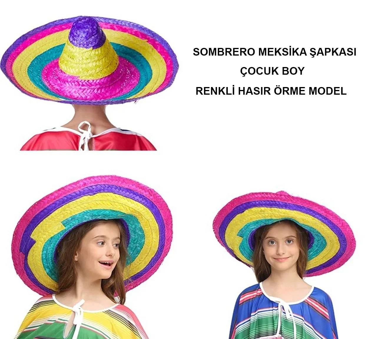 İthalat® Sombrero Meksika Şapkası Renkli Örme Hasır Çocuk Boy