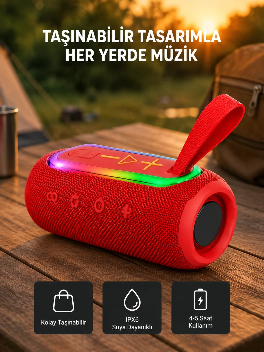 İthalat® Taşınabilir Mini Bluetooth Hoparlör Güçlü Ses ve Şık Kırmızı Tasarım