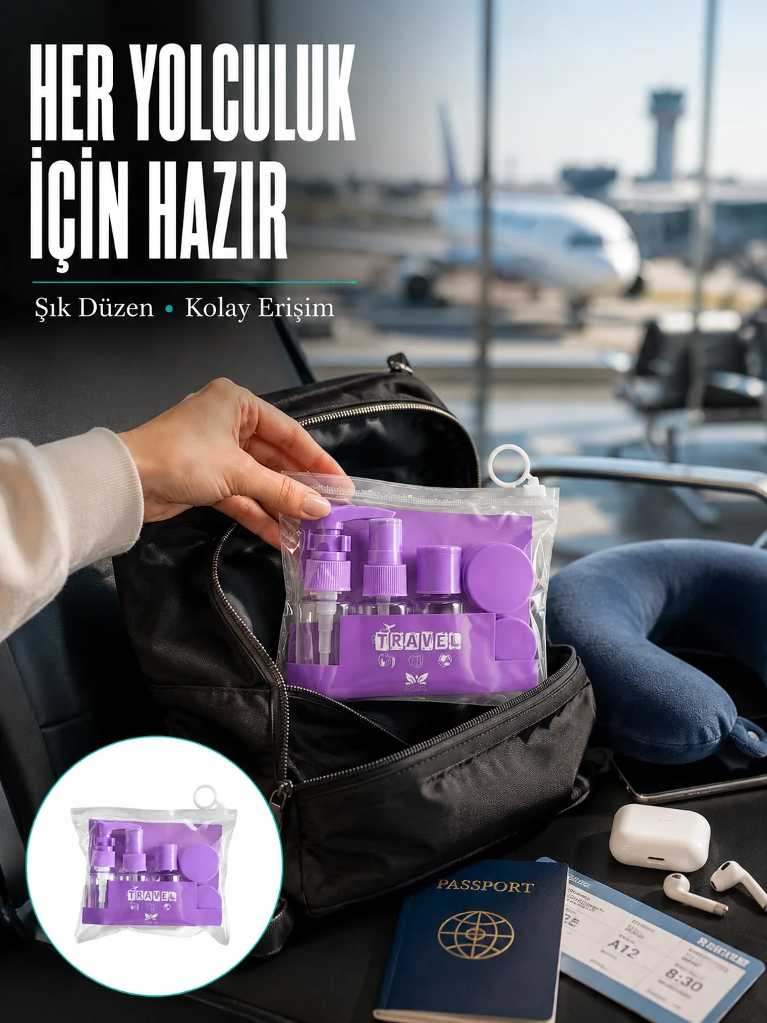 İthalat® Taşınabilir 5’li Seyahat Banyo Seti Şampuanlık Sprey Krem Kutusu Yeni Nesil