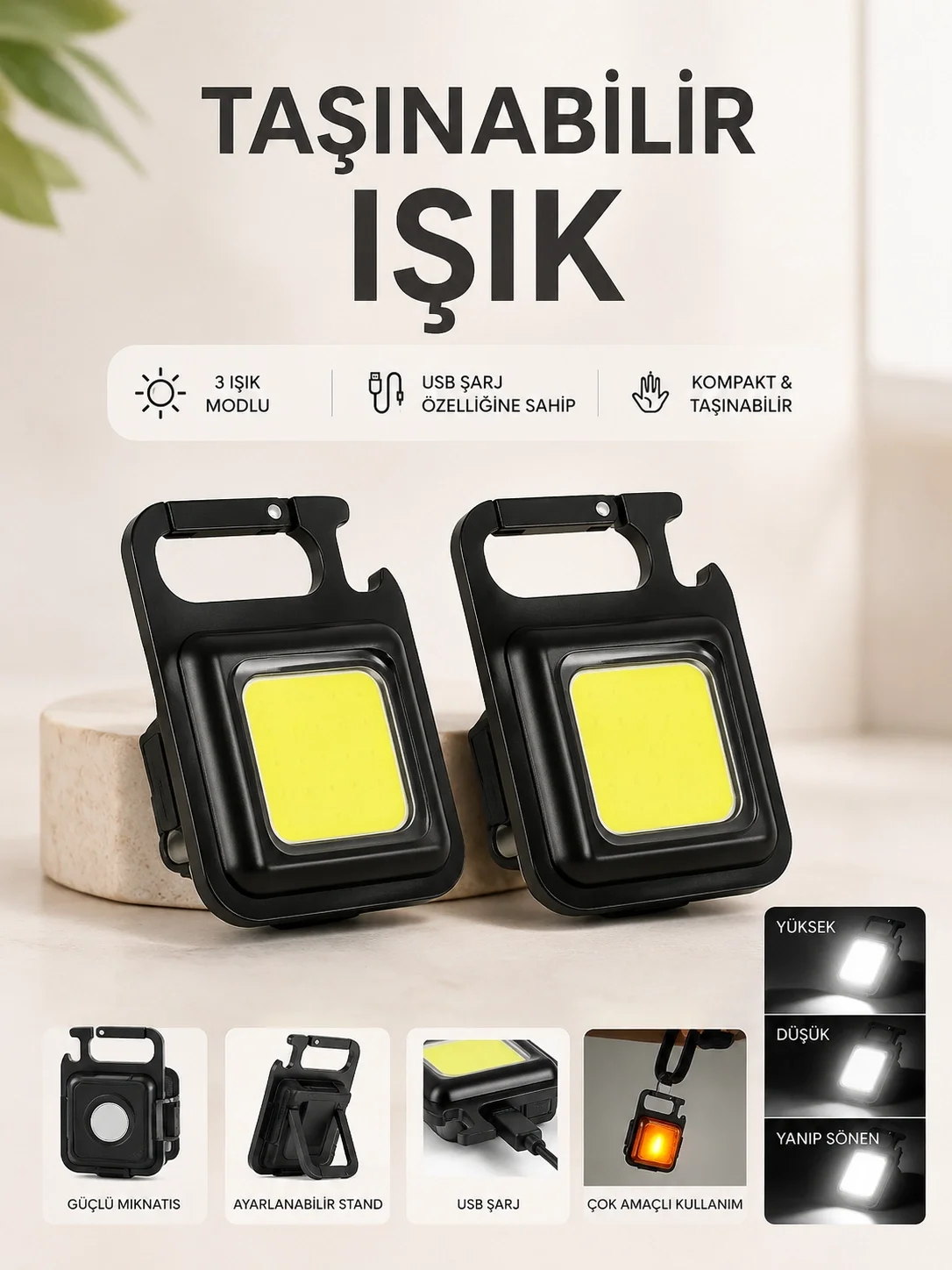 İthalat® TAŞINABİLİR IŞIK 3 IŞIK MODLU USB ŞARJ ÖZEELİĞİNE SAHİP
