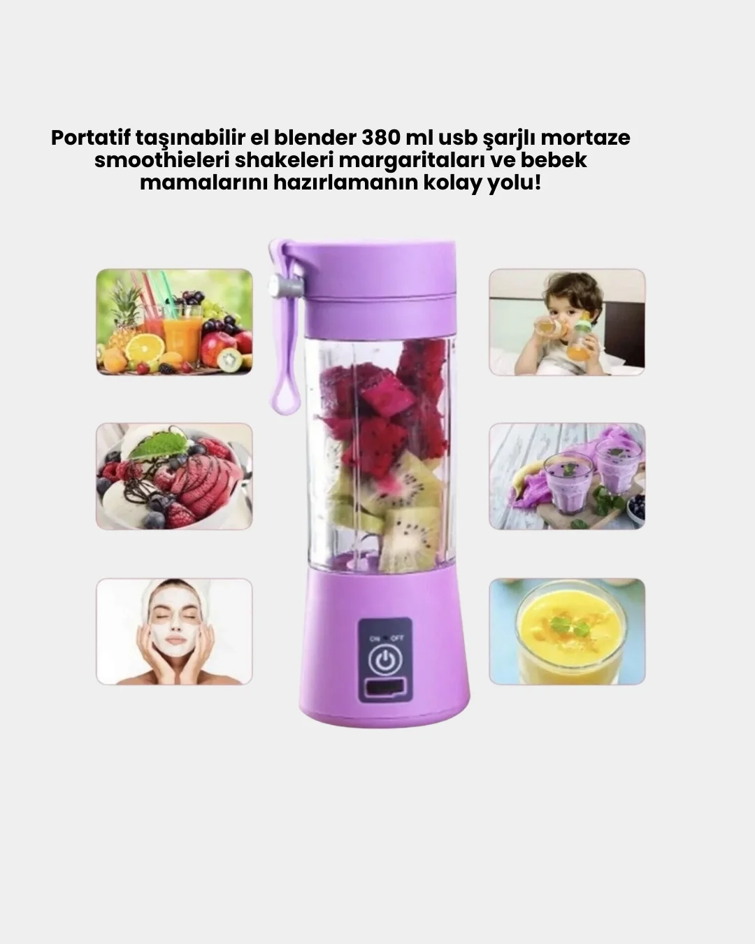 İthalat® Taşınabilir USB Şarjlı Mini Smoothie Blender 380ml Çelik Bıçaklı Portatif