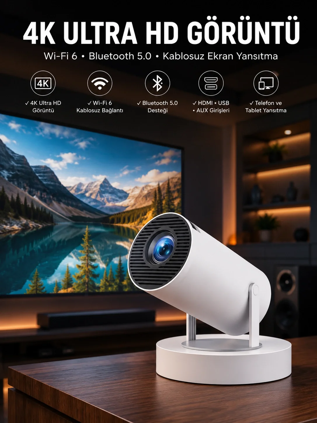 İthalat® Taşınabilir Android Projeksiyon Ayaklı Çift Kollu 4K Çözünürlüklü Sinema Projeksiyonu