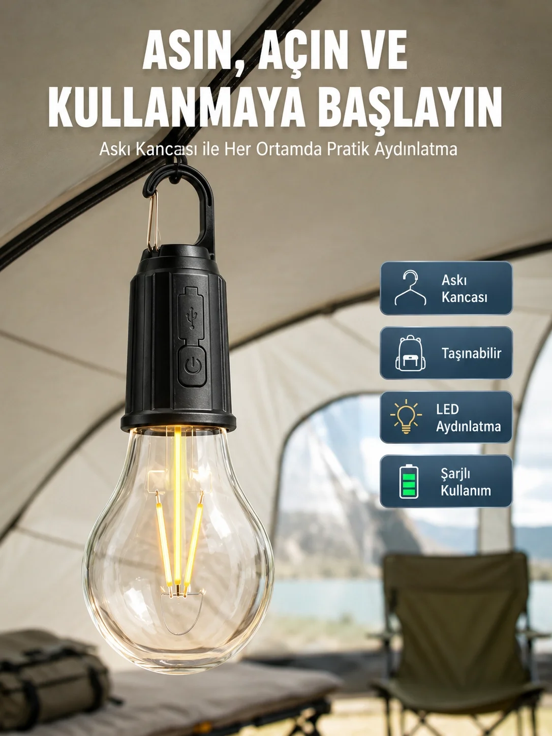 İthalat® Taşınabilir Şarjlı Led Ampul Askılı Lamba Kamp Bahçe Lambası