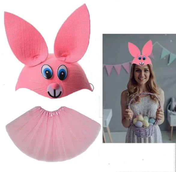 İthalat® Tavşan Kostümü Pembe - 23 Nisan Tavşan Şapka ve Tütü Etek Seti 2 Parça