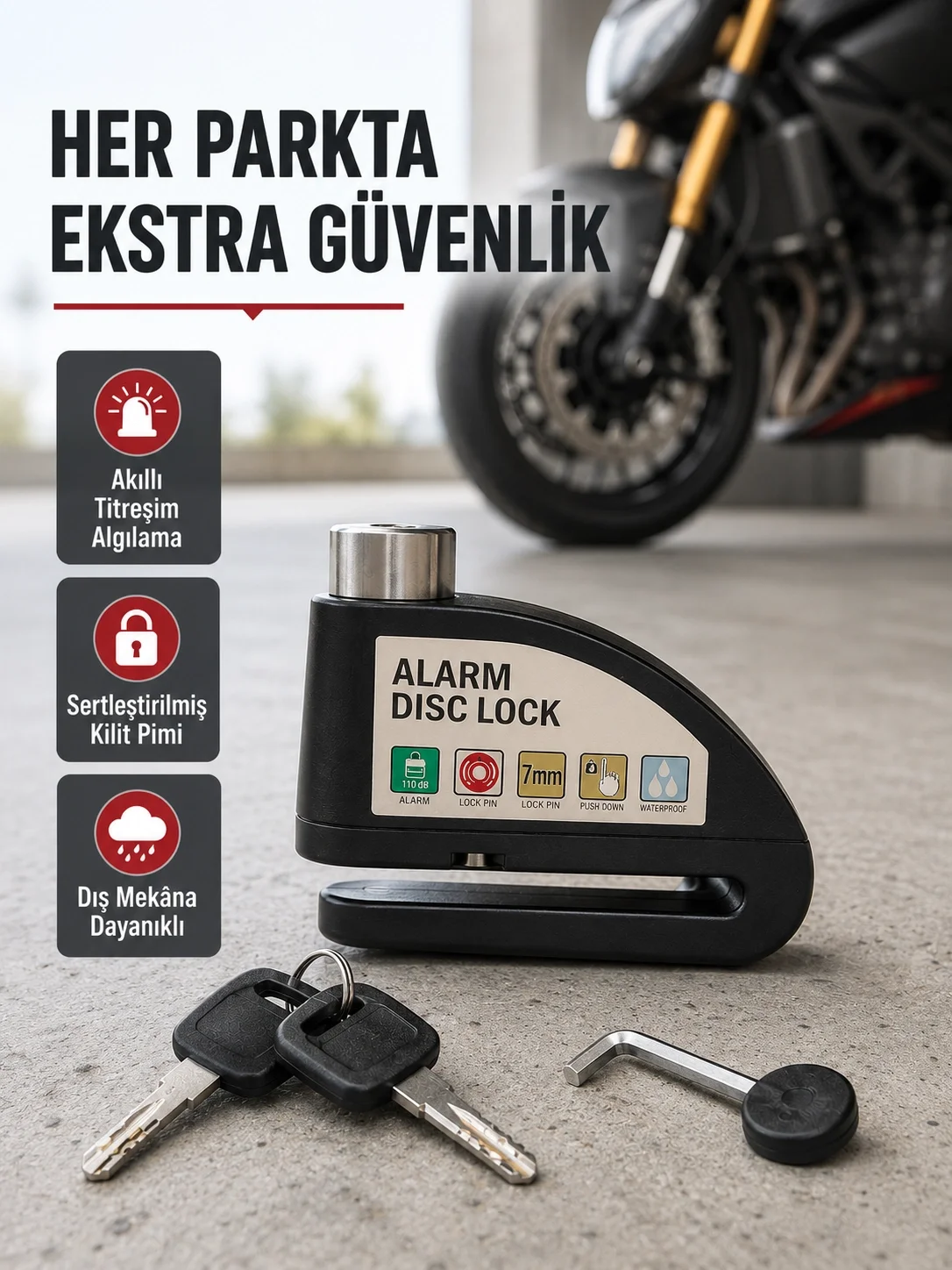 İthalat® Titreşim Sensörlü Alarmlı Motosiklet Disk Kilidi 14mm Çelik Çift Kilitleme