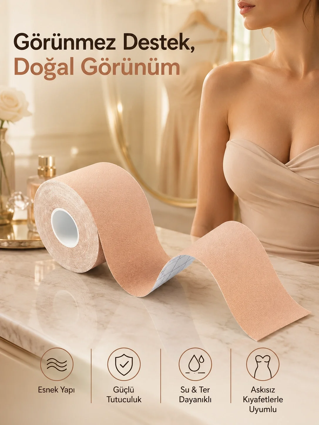 İthalat® Toparlayıcı Göğüs Bandı Şekillendirici Ten Rengine Uygun Esnek Hassas Ciltlere Uygun