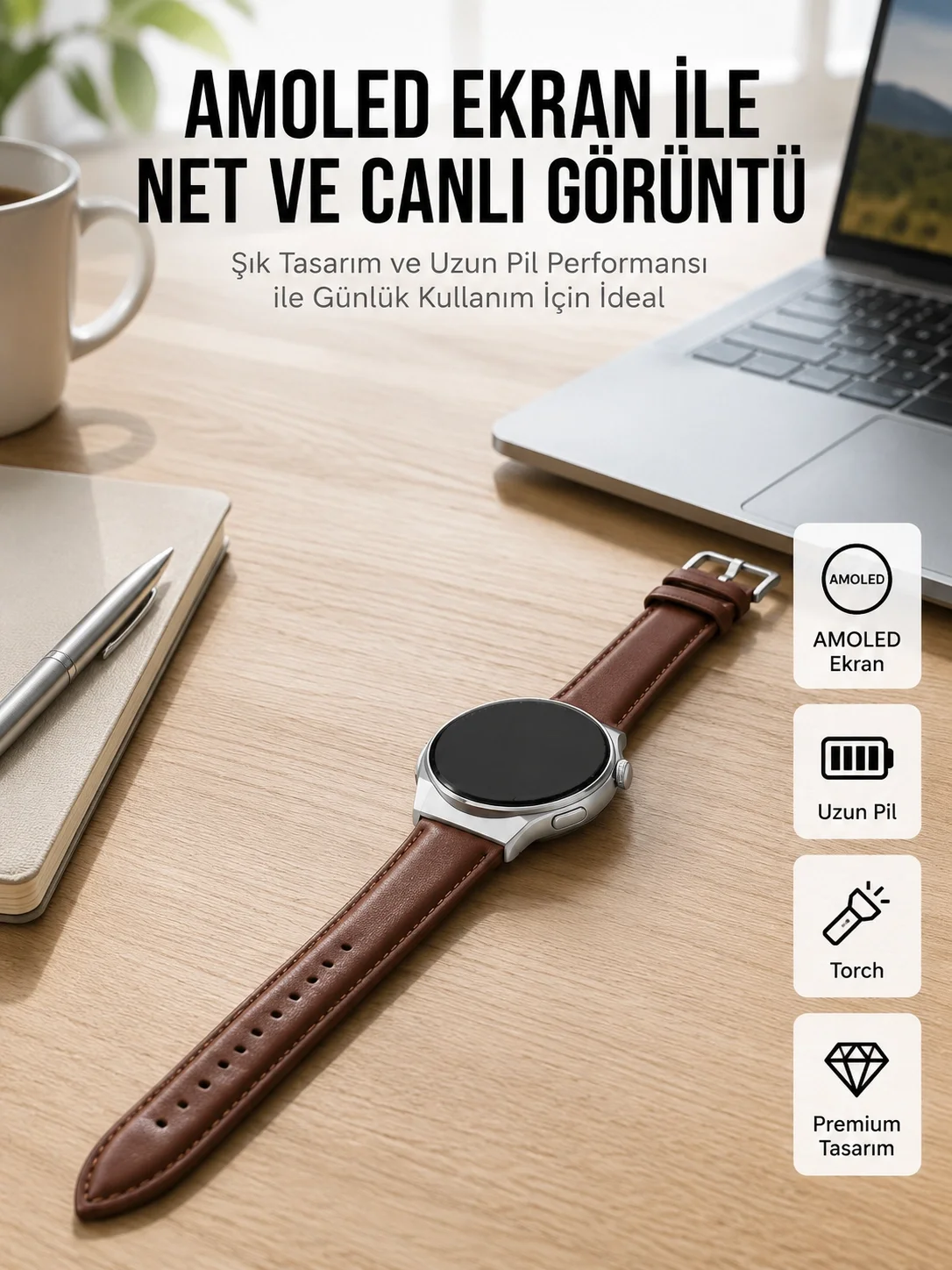 İthalat® Torch Özellikli AMOLED Ekranlı Akıllı Saat Uzun Pil Yeni Nesil