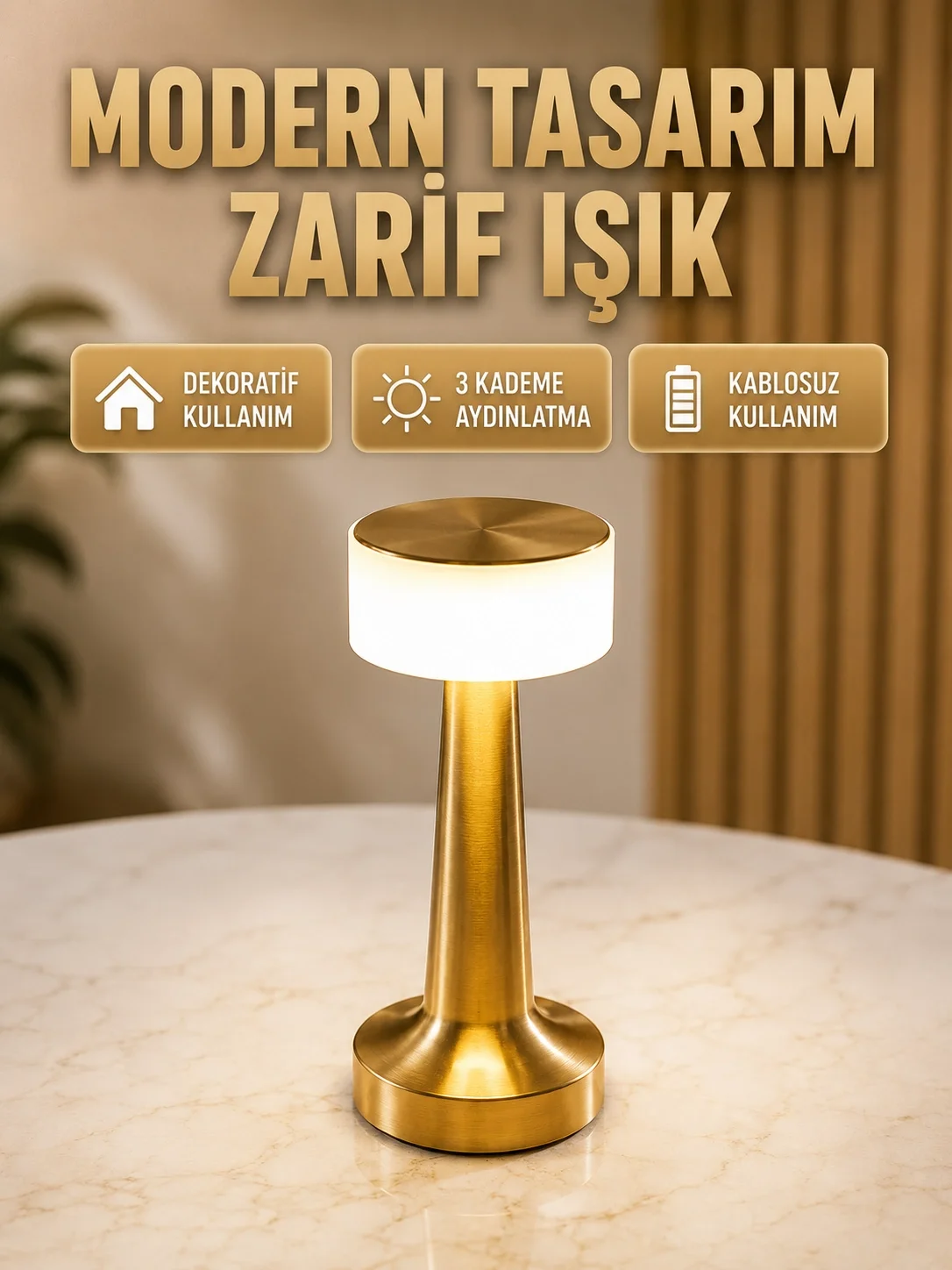İthalat® Touch Gece Lambası – Dokunmatik Kontrol, Kablosuz Kullanım, Metal Gövde Yeni Nesil