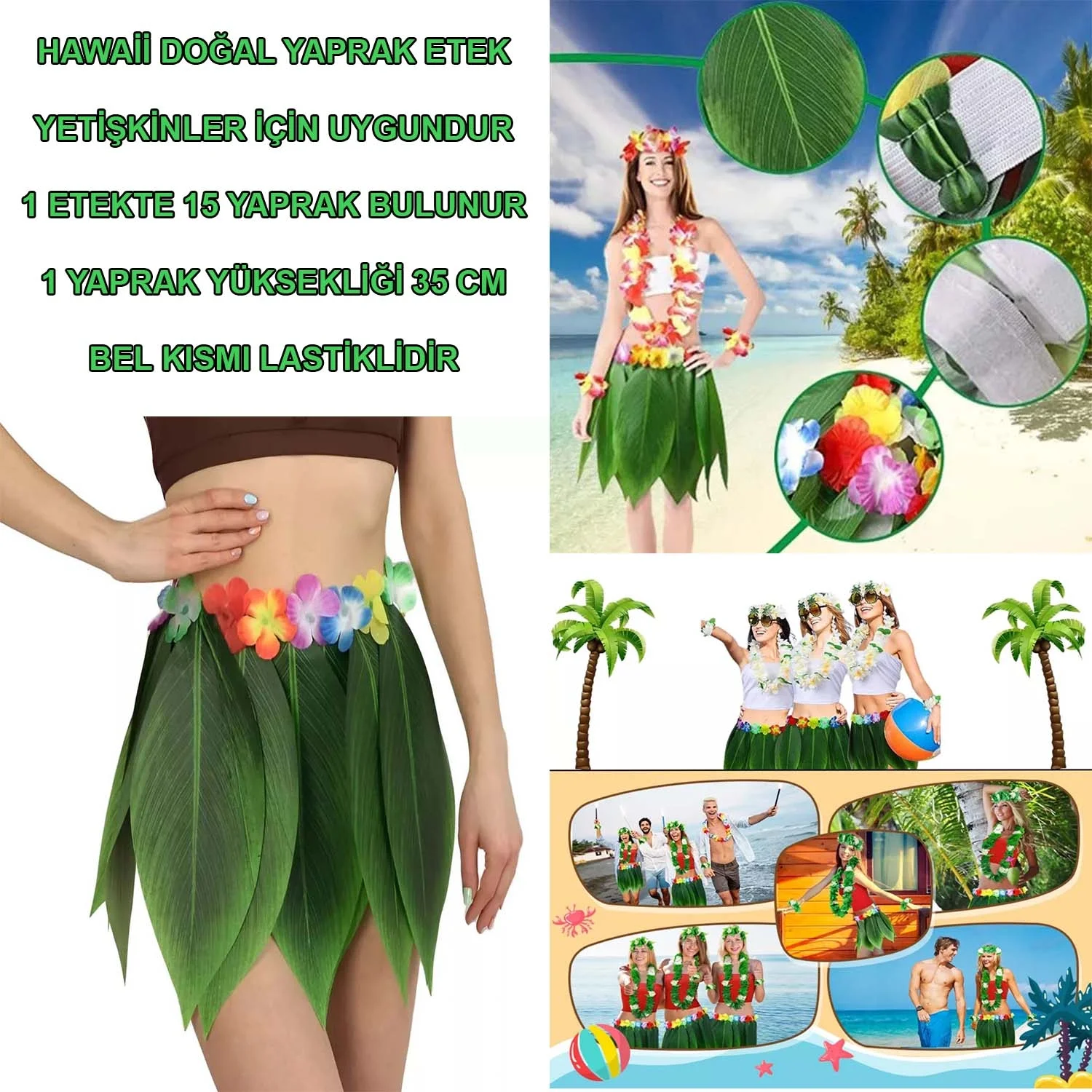 İthalat® Tropikal Esintili Hawaii Yapraklı Parti Eteği Yetişkin Boy