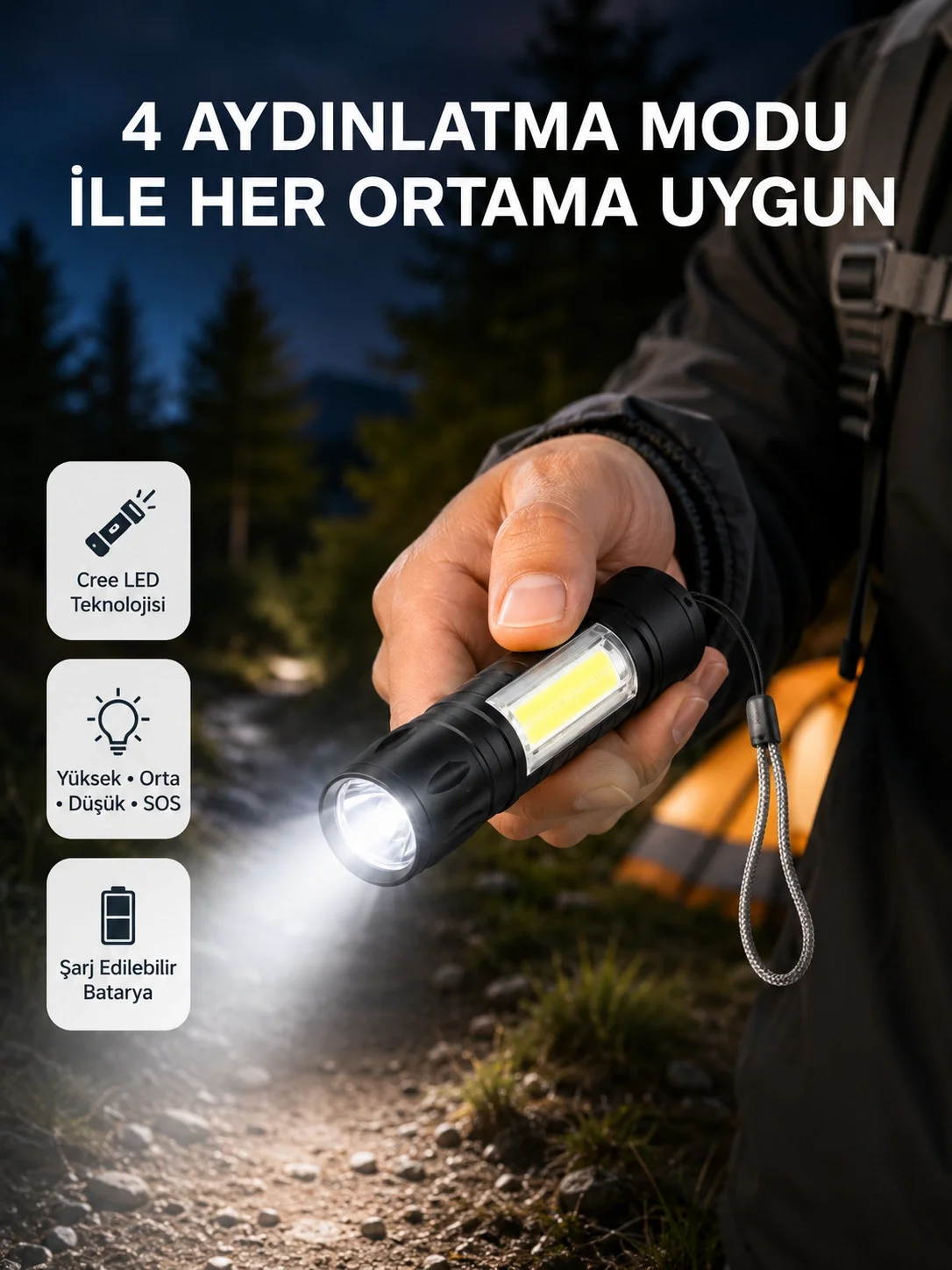 İthalat® Ultra Dayanıklı 4 Mod Şarjlı Işıldak | Suya ve Darbeye Dayanıklı | 100.000 Saat LED Ömrü