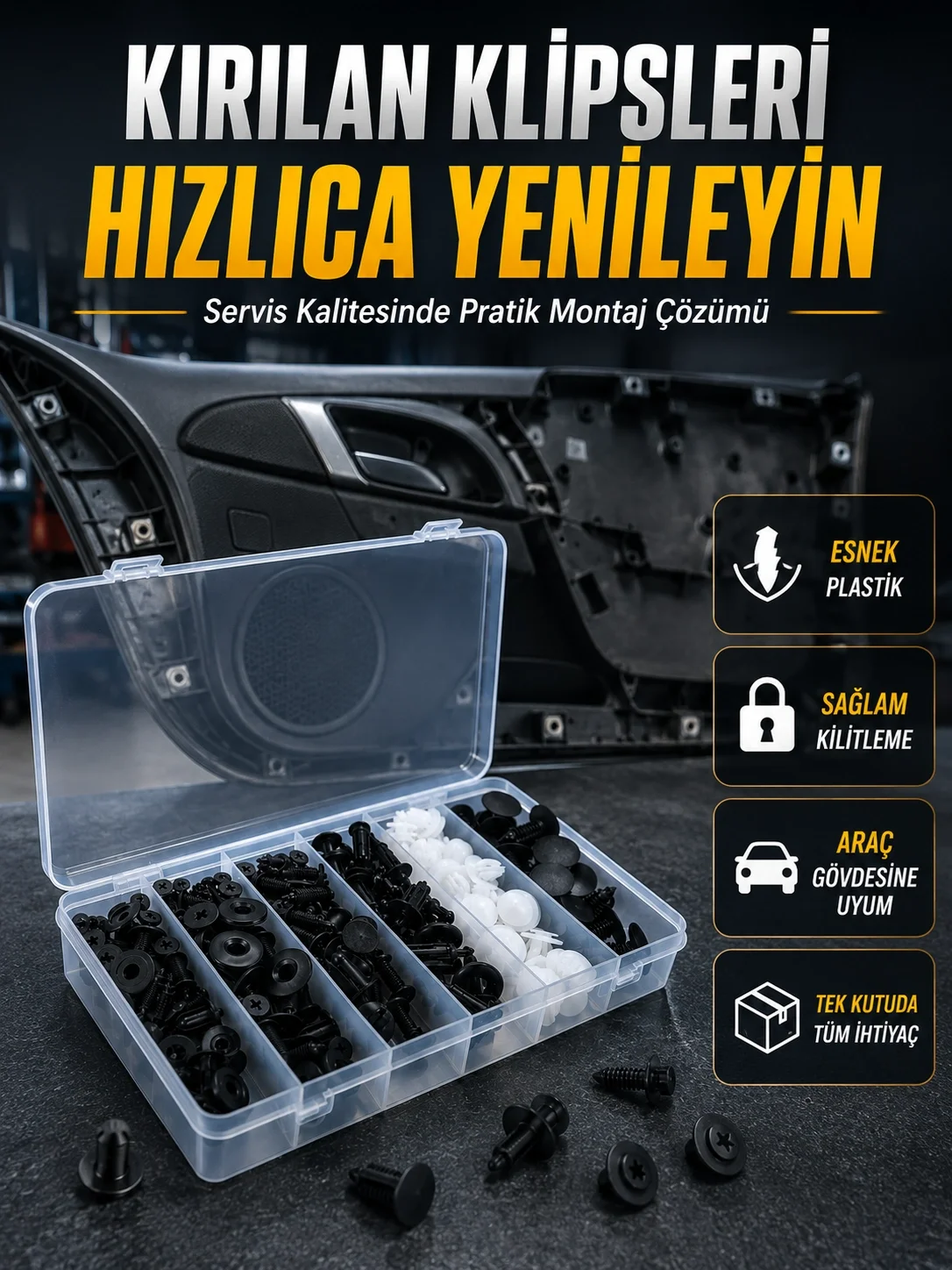 İthalat® Universal Araç Döşeme Klipsi ve Tampon Sabitleme Pimi Seti 100 Parça Organizer Kutulu