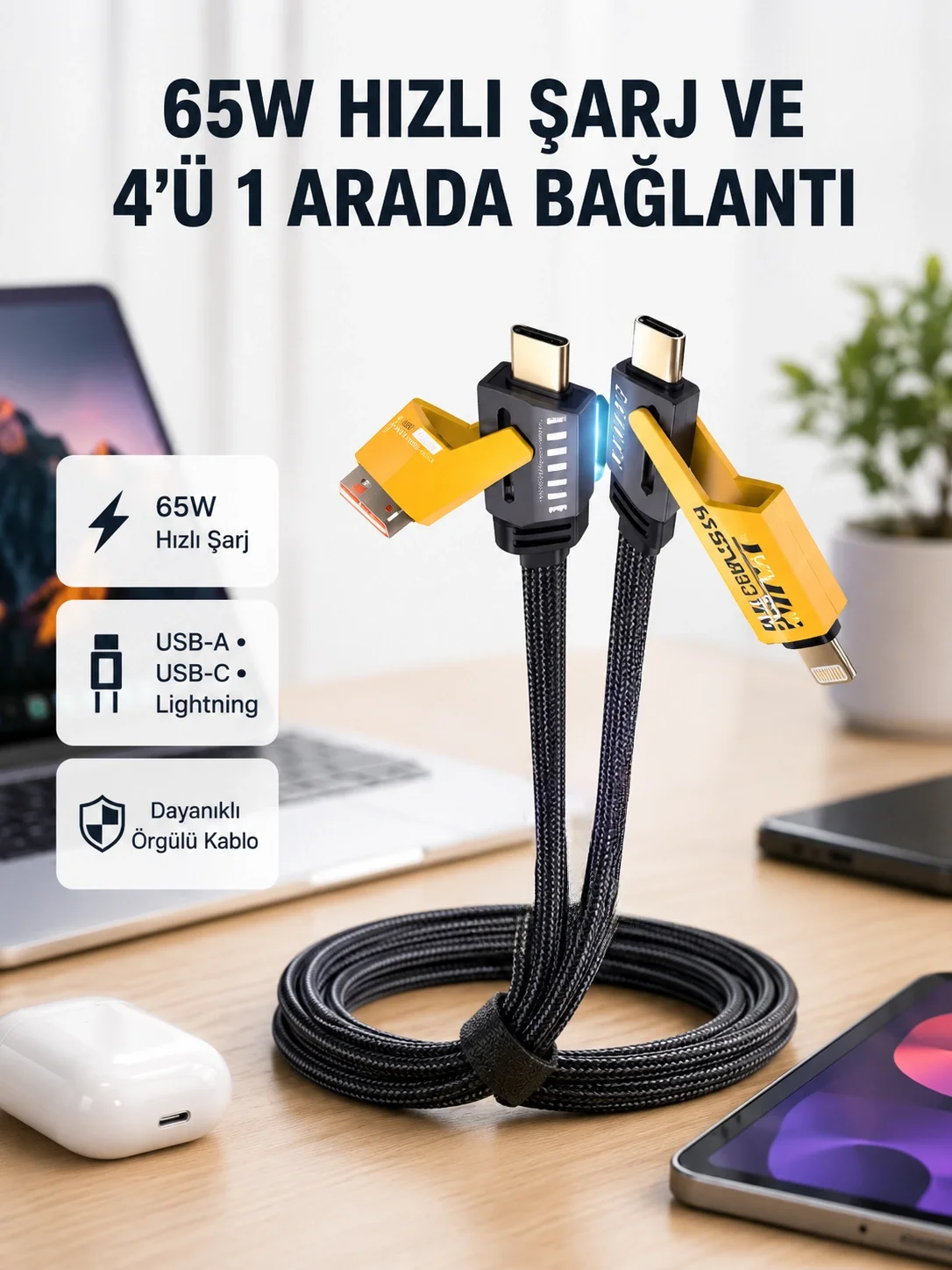İthalat® USB-C USB-A 4’ü 1 Arada Örgülü Kablo 65W Hızlı Şarj Metal Uç Dayanıklı