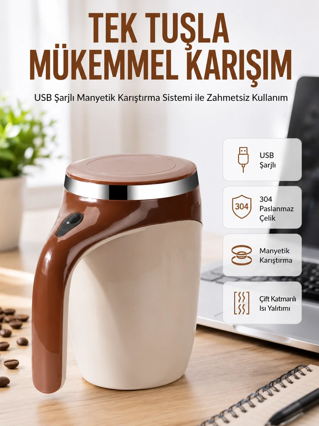 İthalat® USB Şarjlı Elektrikli Karıştırıcı Kupa – Sıcak &amp; Soğuk İçecekler için
