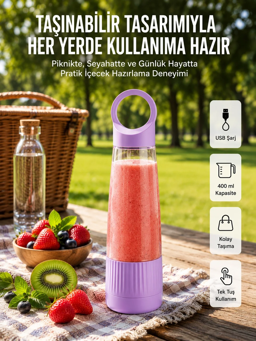 İthalat® USB Şarjlı Taşınabilir Smoothie Blender 400 ml