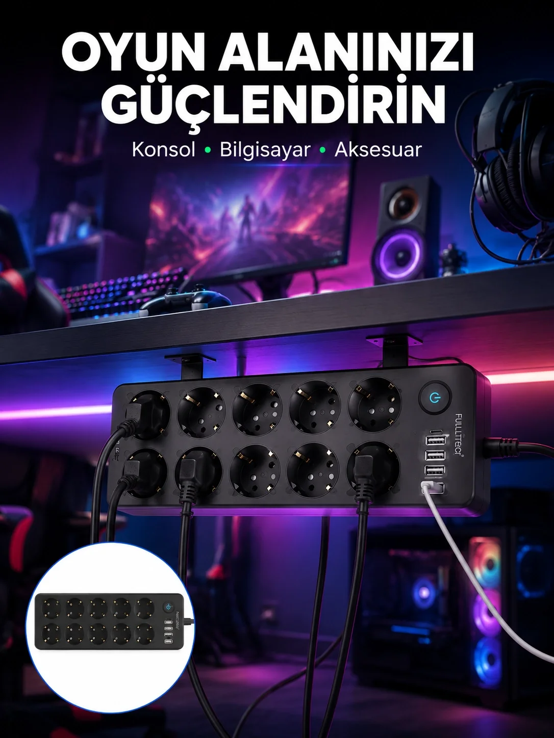 İthalat® USB ve Type-C Çıkışlı 10'lu Akım Korumalı Çoklu Priz Güç Dağıtıcı