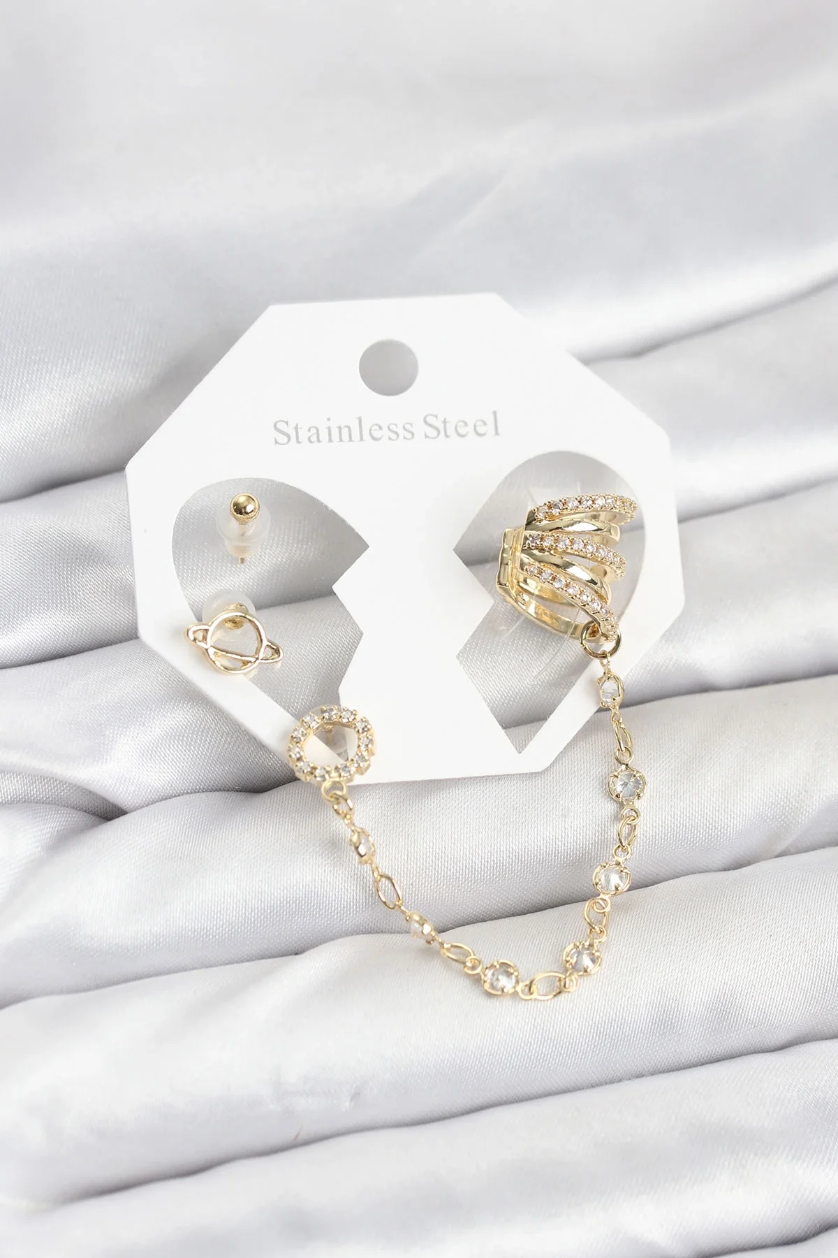 İthalat® Uzay Model Pirinç Gold Renk Zincir Bağlantılı Ear Cuff Küpe Seti