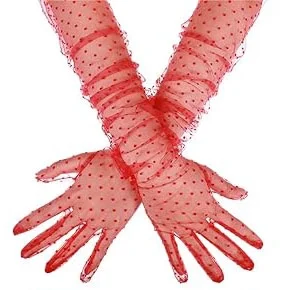 İthalat® Uzun Boy Kırmızı Puantiyeli Kırmızı Renk Yetişkin Tül Eldiven 55 cm