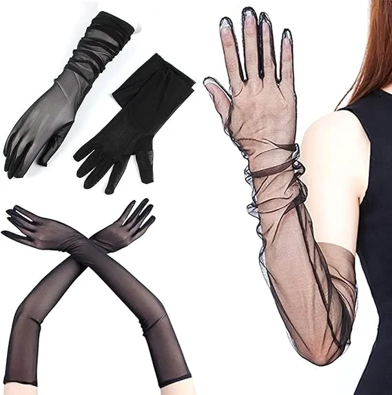 İthalat® Uzun Boy Likralı Siyah Renk Yetişkin Mega Tül Eldiven 53 cm