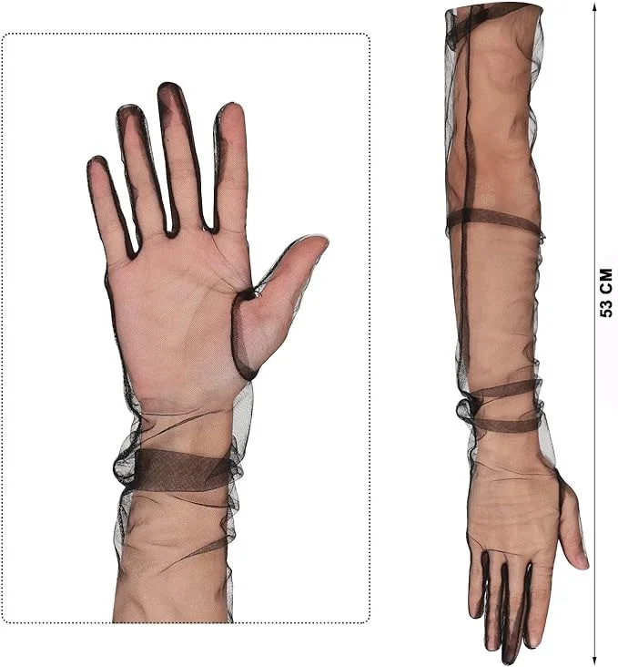 İthalat® Uzun Boy Likralı Siyah Renk Yetişkin Mega Tül Eldiven 53 cm