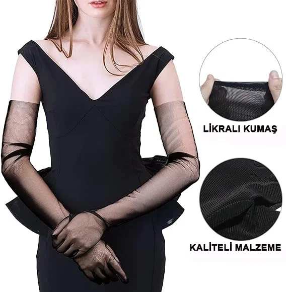 İthalat® Uzun Boy Likralı Siyah Renk Yetişkin Mega Tül Eldiven 53 cm