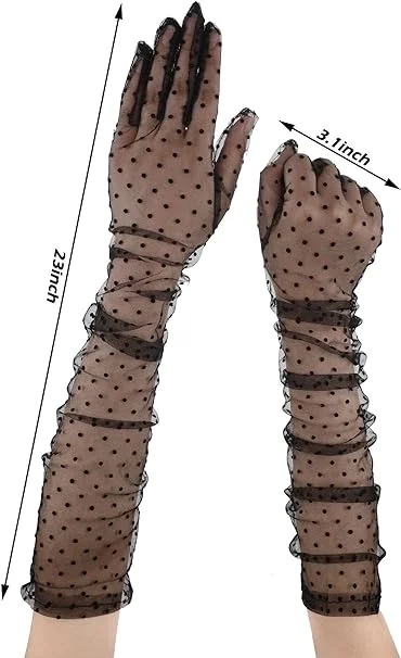 İthalat® Uzun Boy Siyah Puantiyeli Siyah Renk Yetişkin Tül Eldiven 55 cm