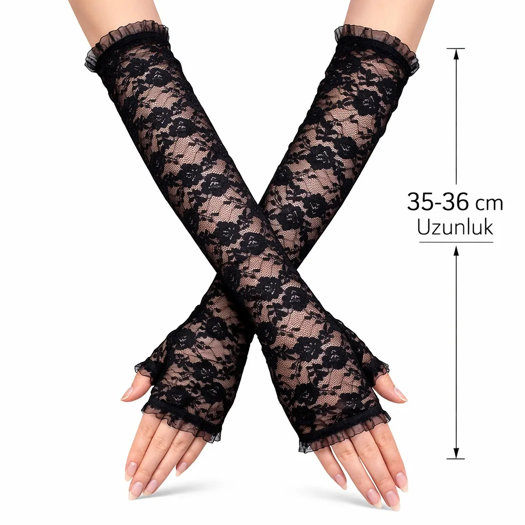 İthalat® Uzun Zarif Dantel Eldiven Parmaksız Siyah 35 cm