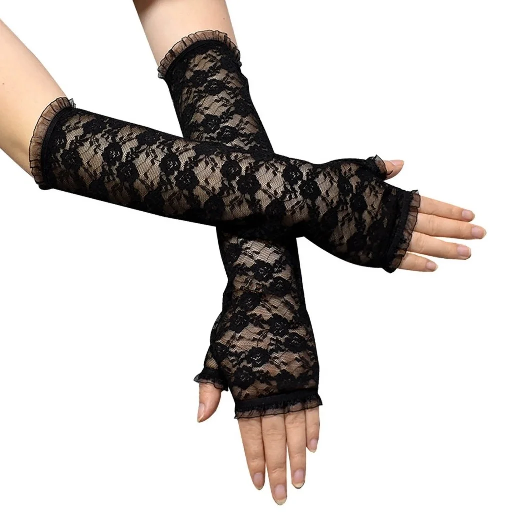 İthalat® Uzun Zarif Dantel Eldiven Parmaksız Siyah 35 cm