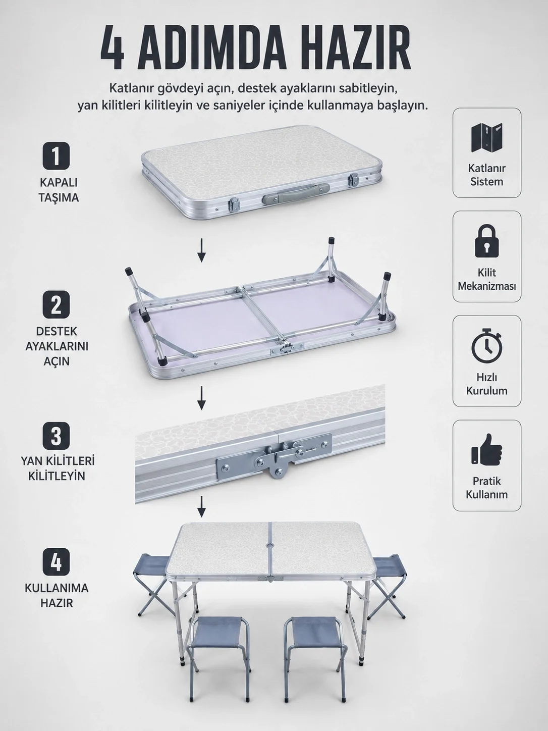 İthalat® Valiz Tipi Katlanabilir Piknik Masası 4 Tabureli Taşınabilir Kamp Masası