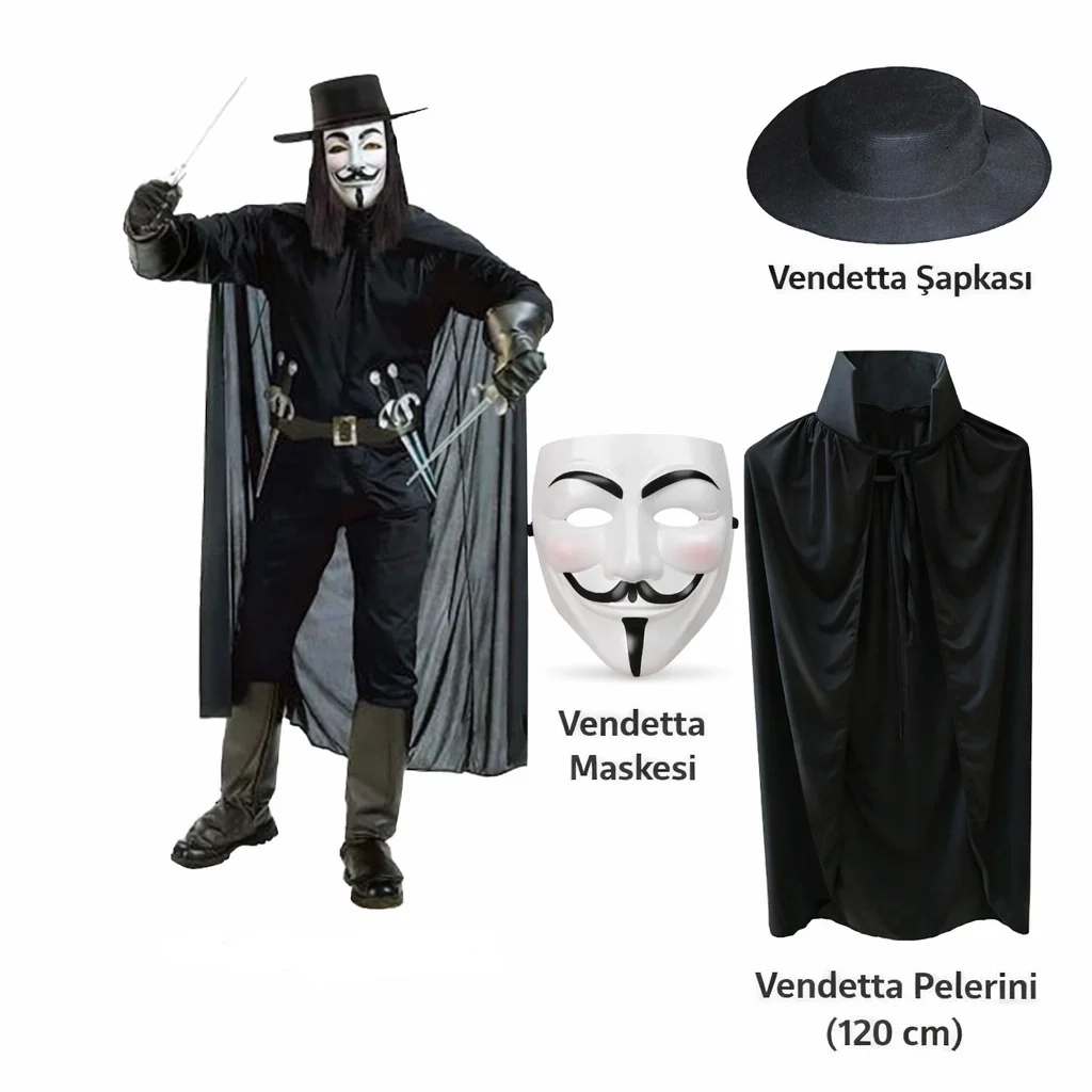 İthalat® Vendetta Kostüm Seti – Şapka Maske Pelerin (120 cm) İthalat® Vendetta Kostüm Seti – Şapka Maske Pelerin (120 cm)