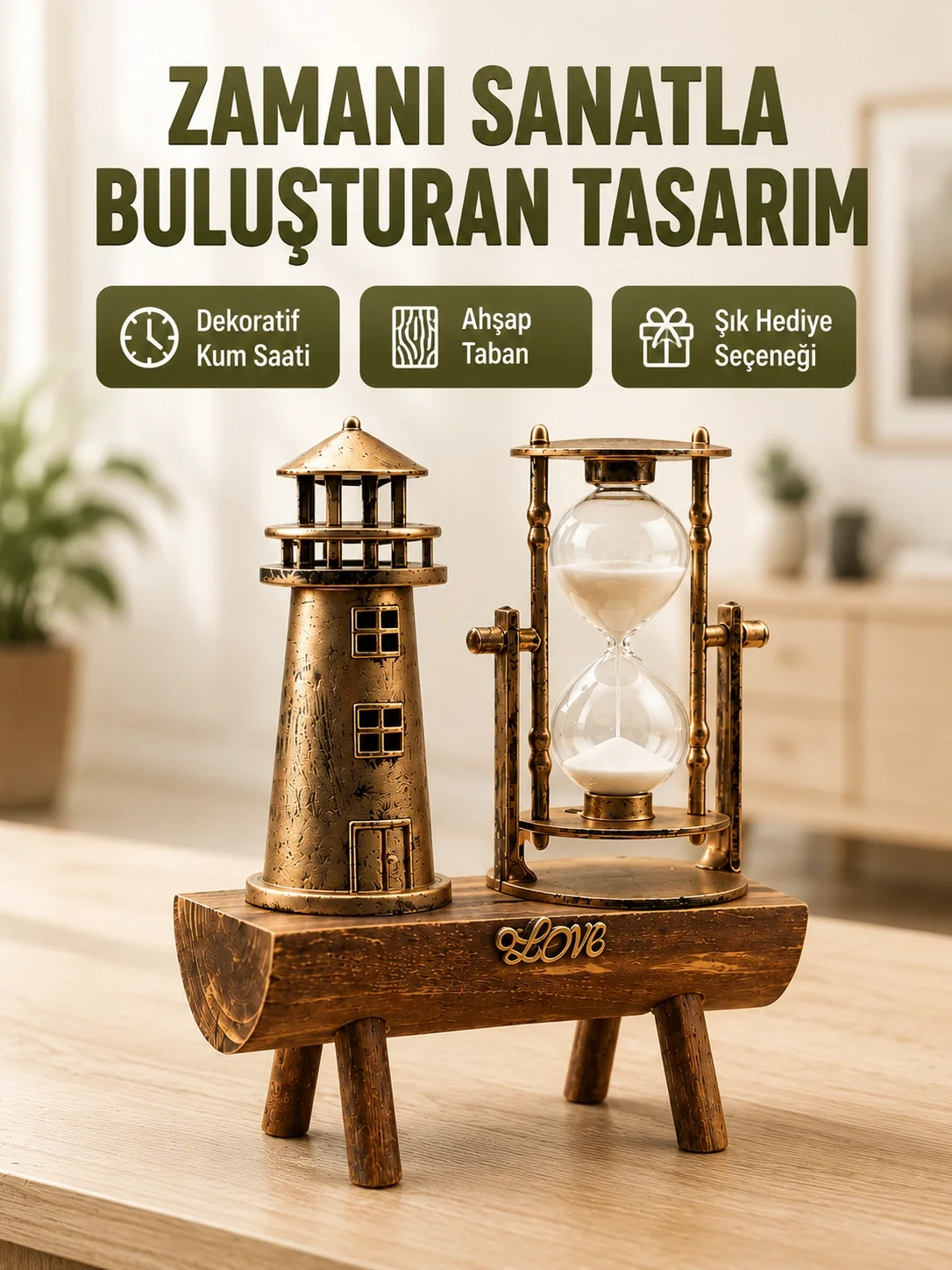 İthalat® Vintage Kum Saati + Deniz Feneri Modeli – Ahşap Gövdeli Masa Üstü Dekor Yeni Nesil