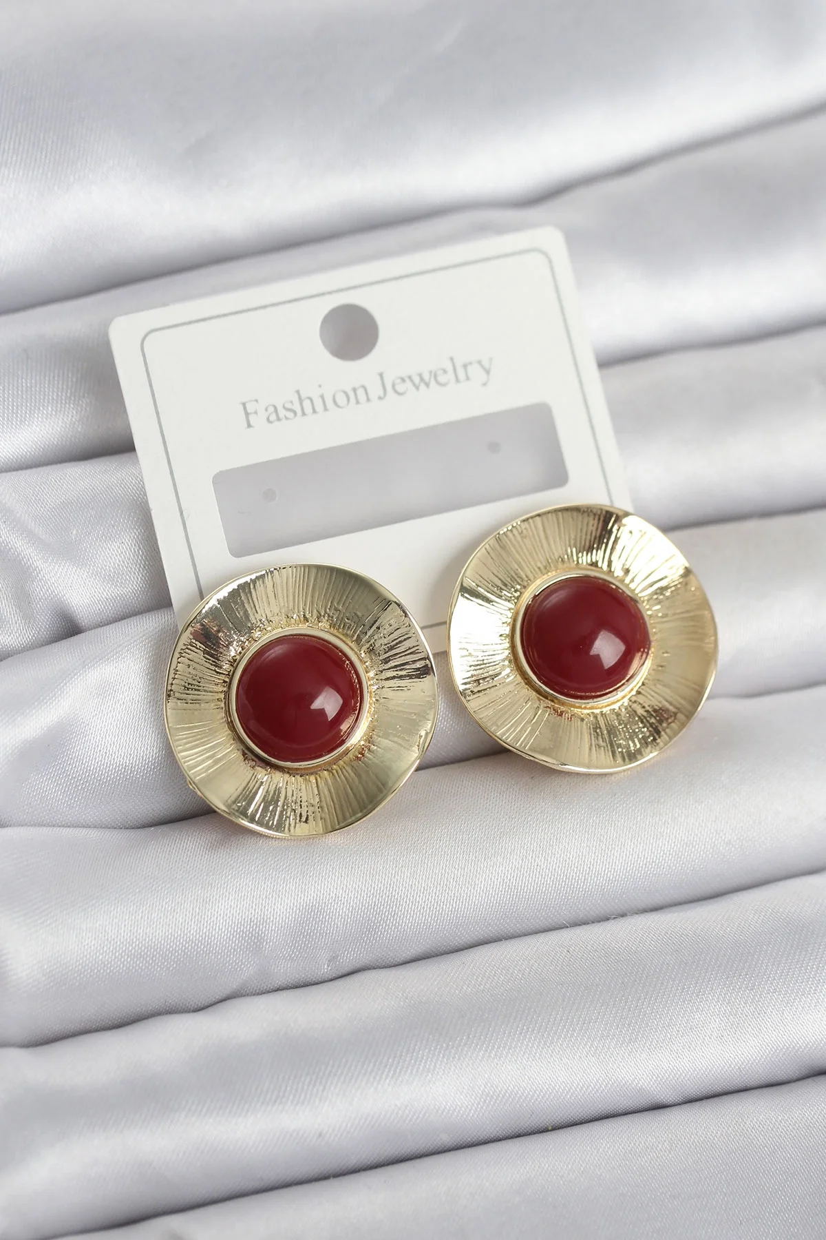İthalat® Vintage Model Bordo Gold Renk Pirinç Kadın Küpe