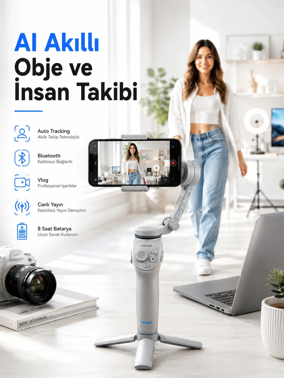 İthalat® Yapay Zeka Takipli Telefon Gimbali Katlanabilir Tripod Bluetooth Kontrollü Dahili LED Işıklı