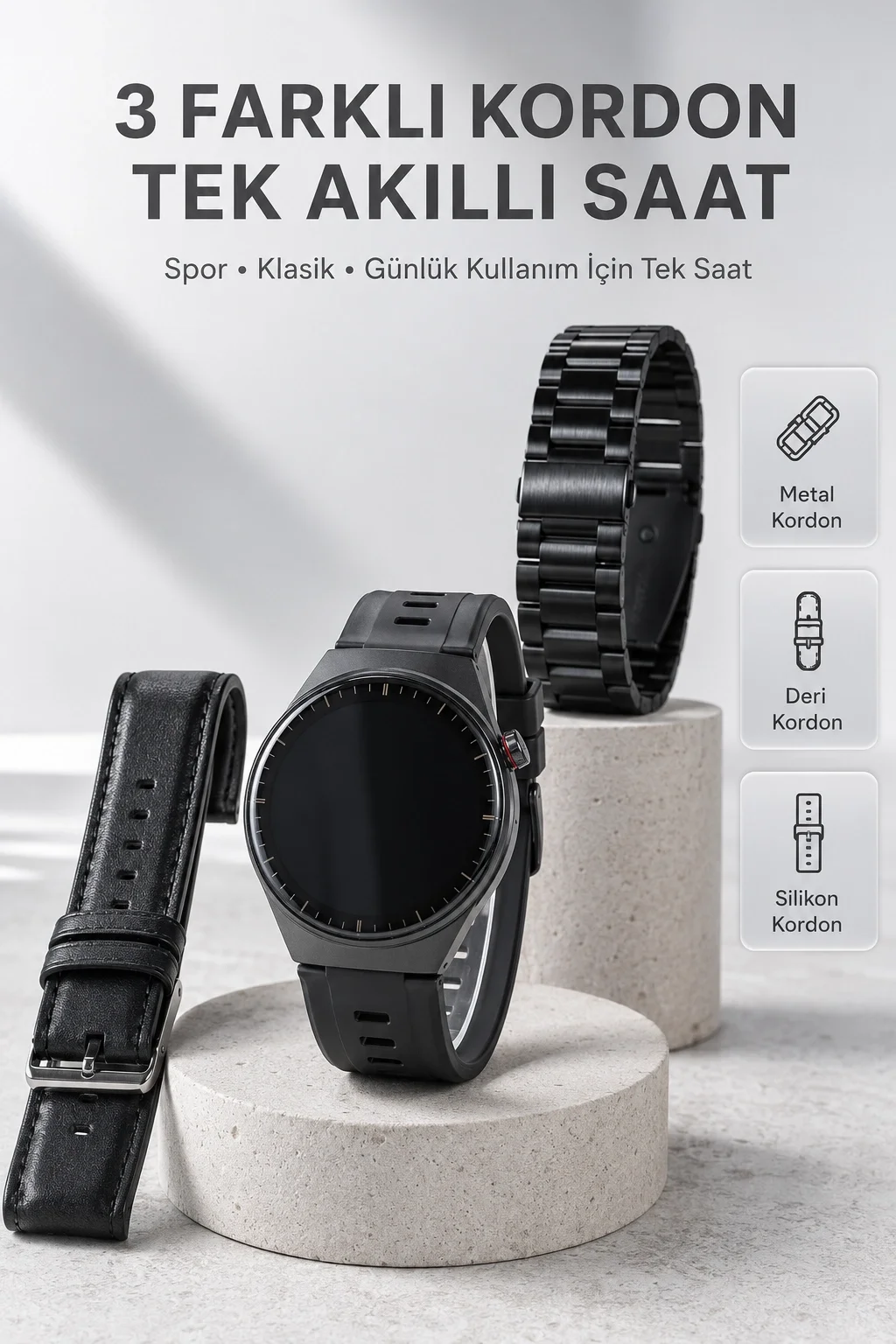 İthalat® Yeni Nesil Akıllı Saat Bluetooth Görüşme, Sağlık Takibi, AMOLED Ekran ve 3 Kordon Seti