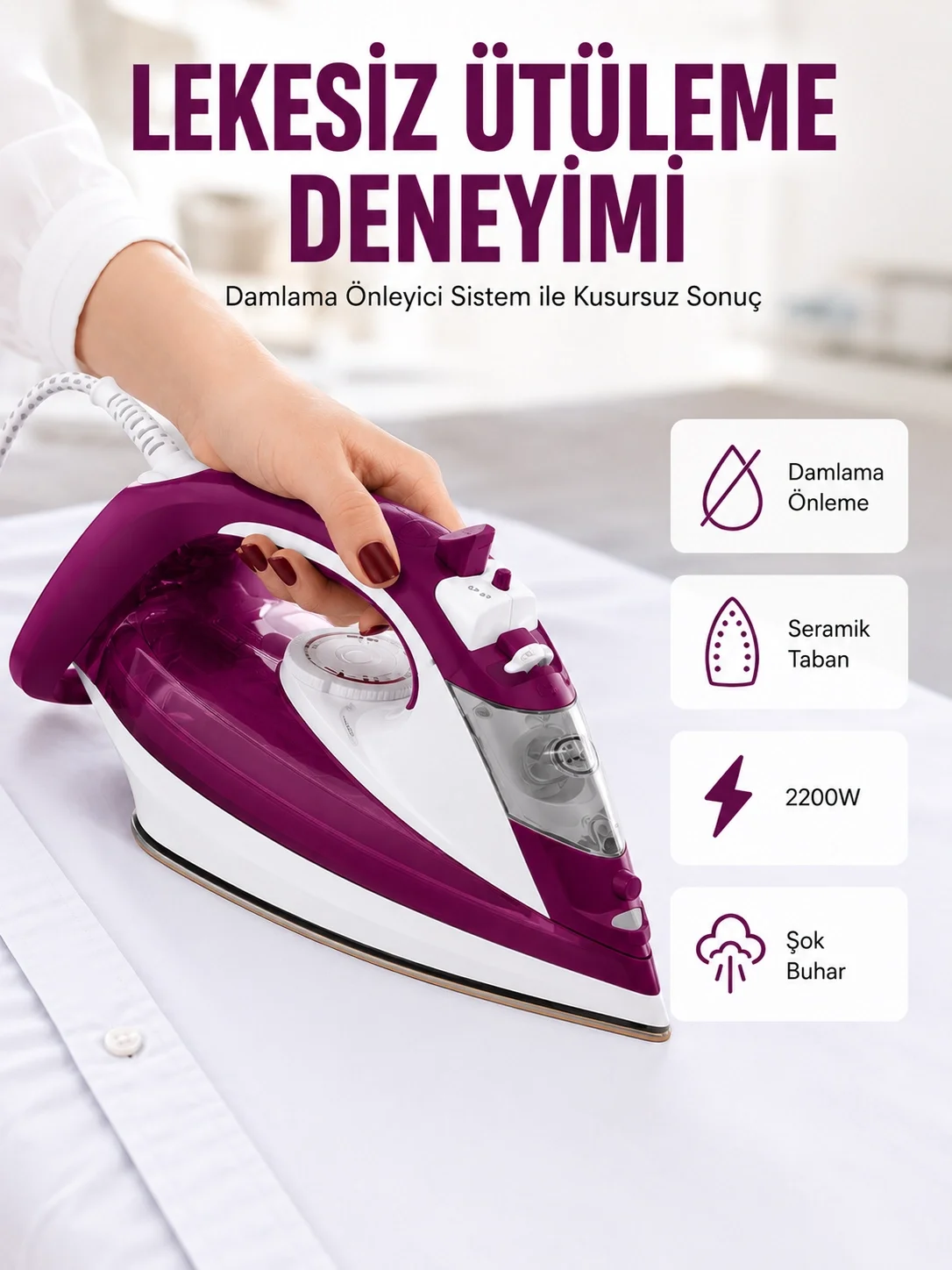 İthalat® Yeni Nesil Kırmızı Buharlı Ütü 2200 Watt Seramik Tabanlı Yüksek Buhar Gücü Yeni Nesil