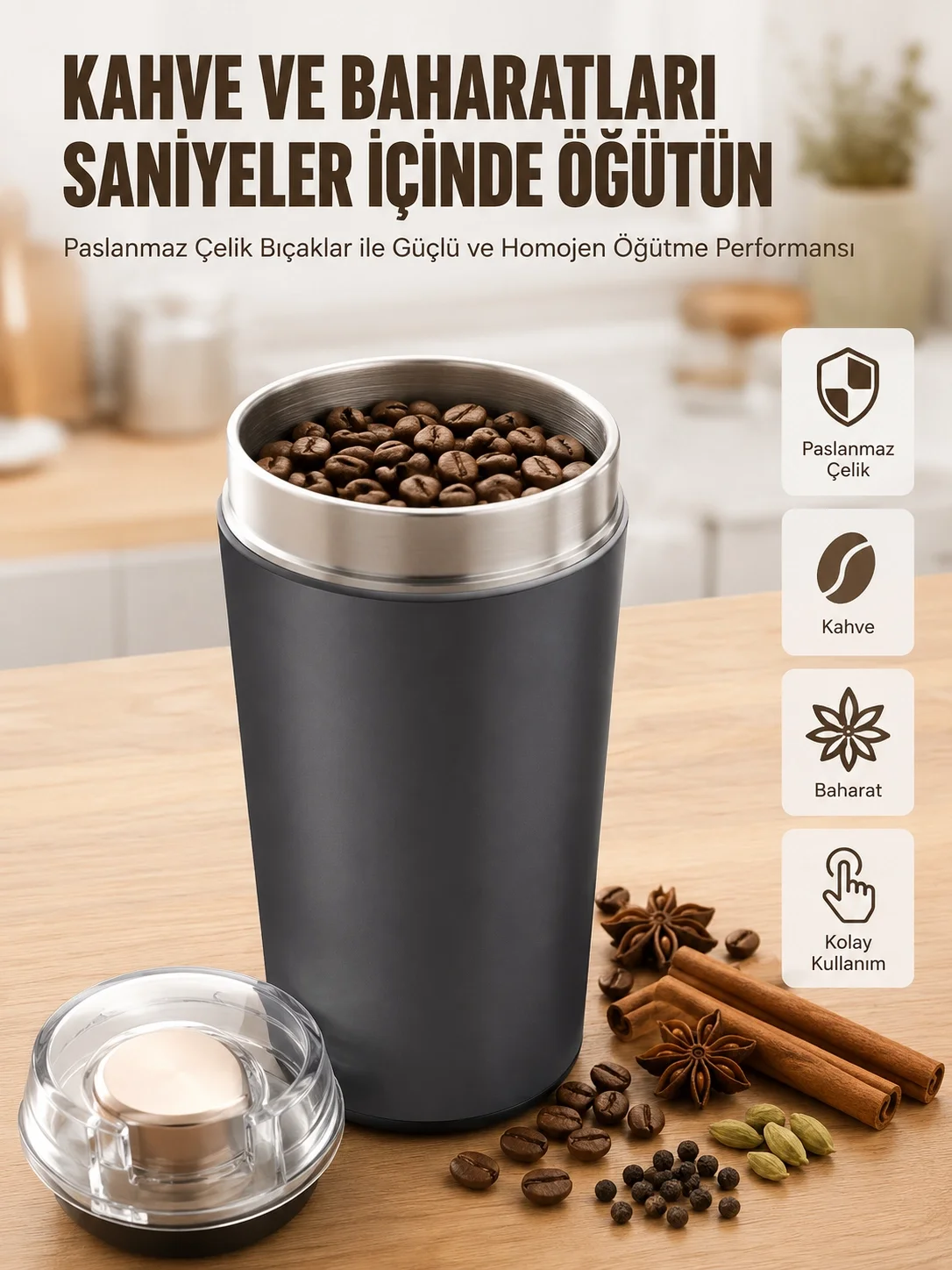 İthalat® Yeni Nesil Kahve ve Baharat Öğütücü Paslanmaz Çelik Kahve Değirmeni