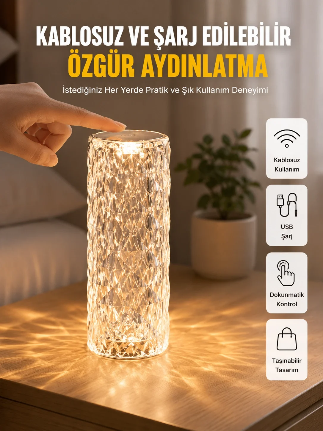 İthalat® Yeni Nesil Modern Kristal Masa ve Gece Lambası Dokunmatik Renk Değiştirebilen