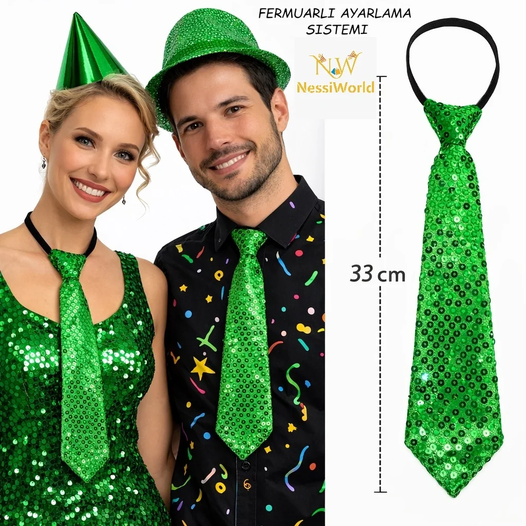 İthalat® Yeşil Renk Pul Payetli Işıltılı Parti Kravatı 33 cm