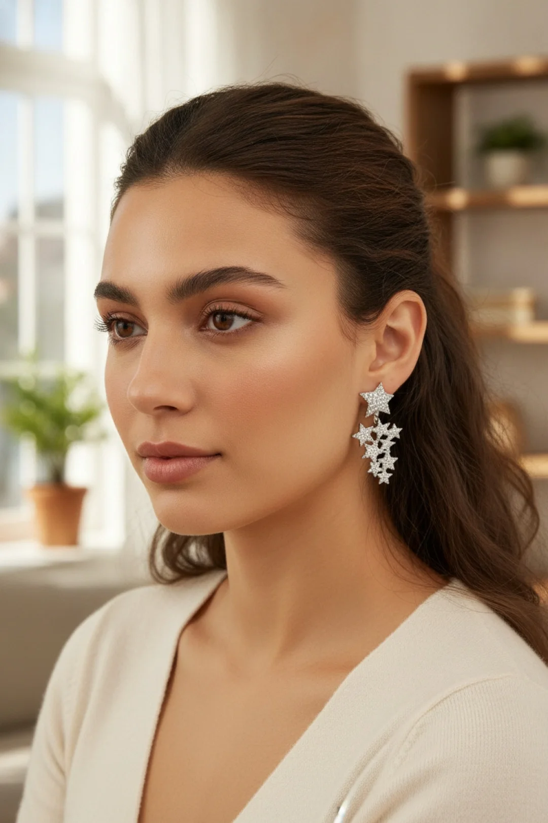 İthalat® Yıldız Model Gümüş Renk Zirkon Taşlı Küpe