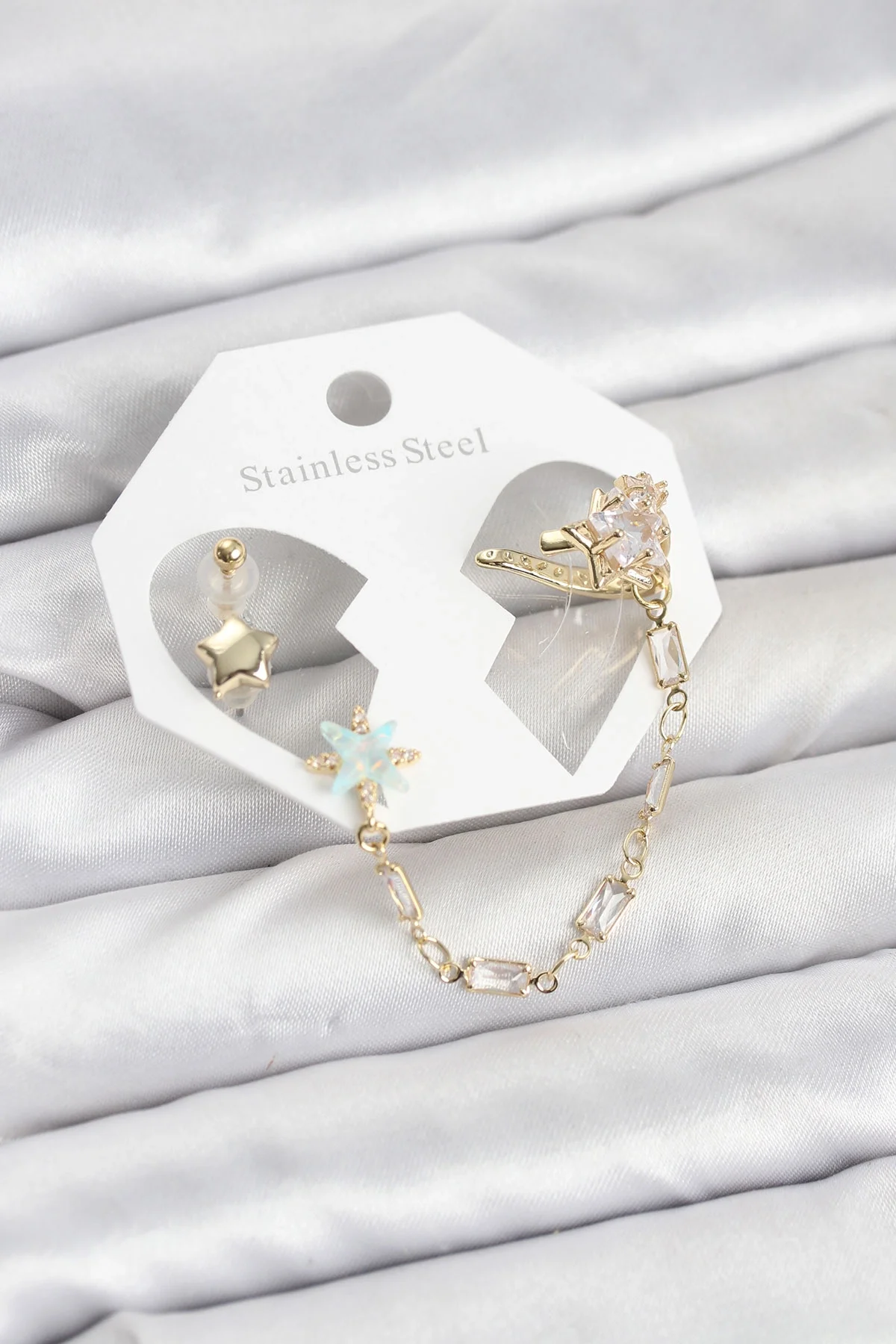 İthalat® Yıldız Model Pirinç Gold Renk Zincir Bağlantılı Ear Cuff Küpe Seti