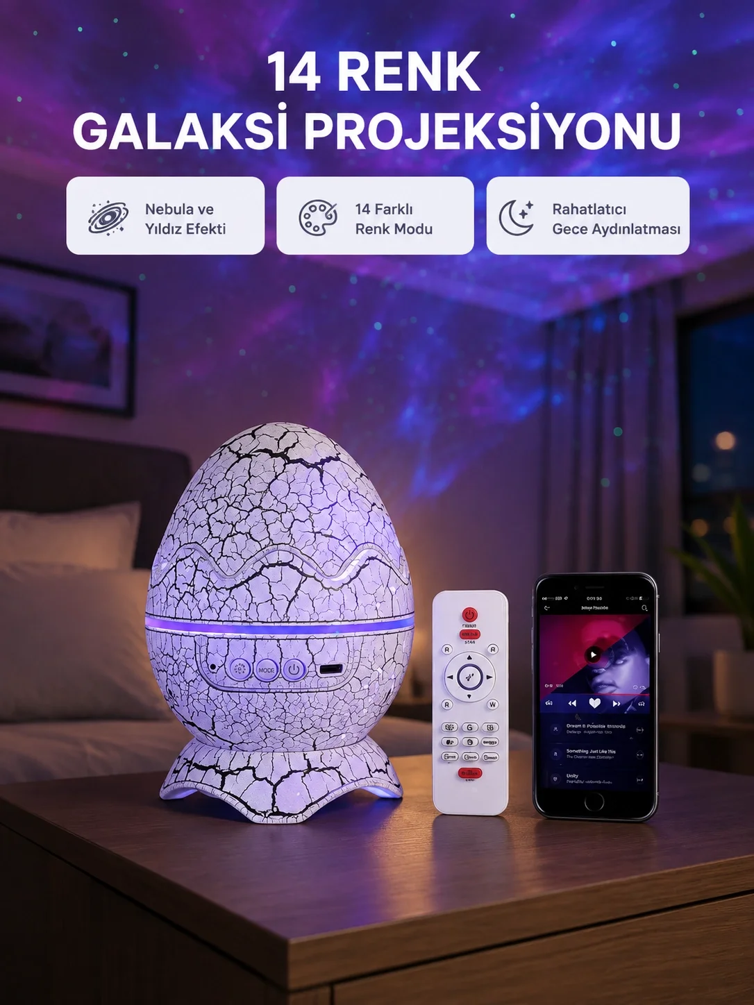İthalat® Yıldızlı Gökyüzü Dinozor Yumurta Projektör –  Ayarlanabilir Parlaklık ve Hız