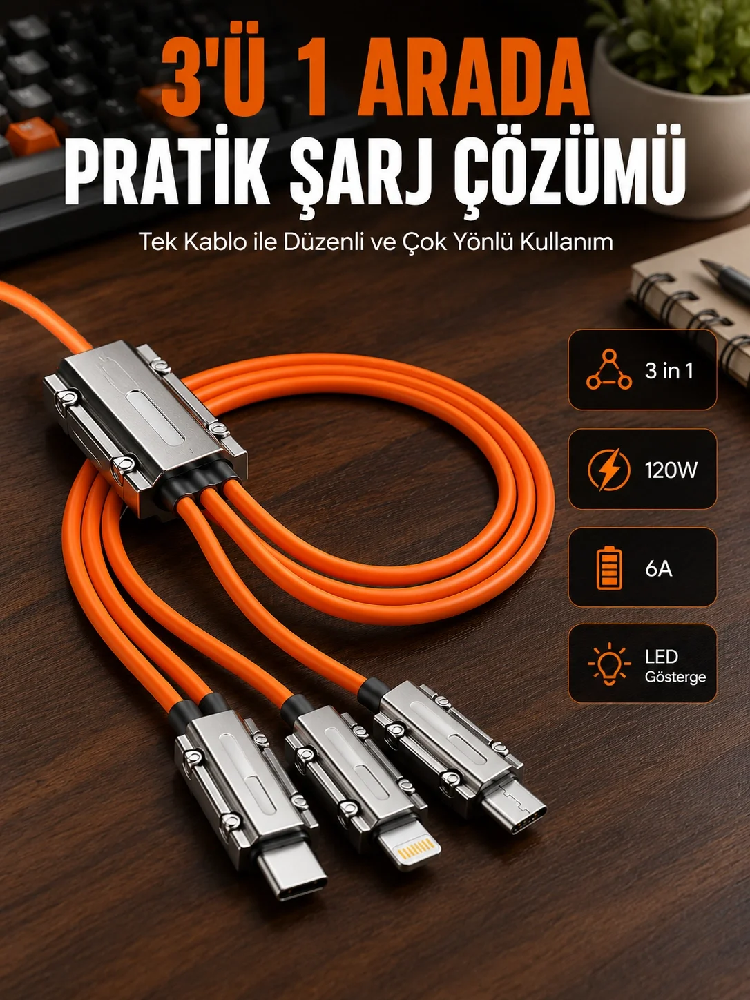 İthalat® Yüksek Güç Aktarımı Sunan 6A Destekli Çoklu Bağlantı Şarj ve Veri Kablosu