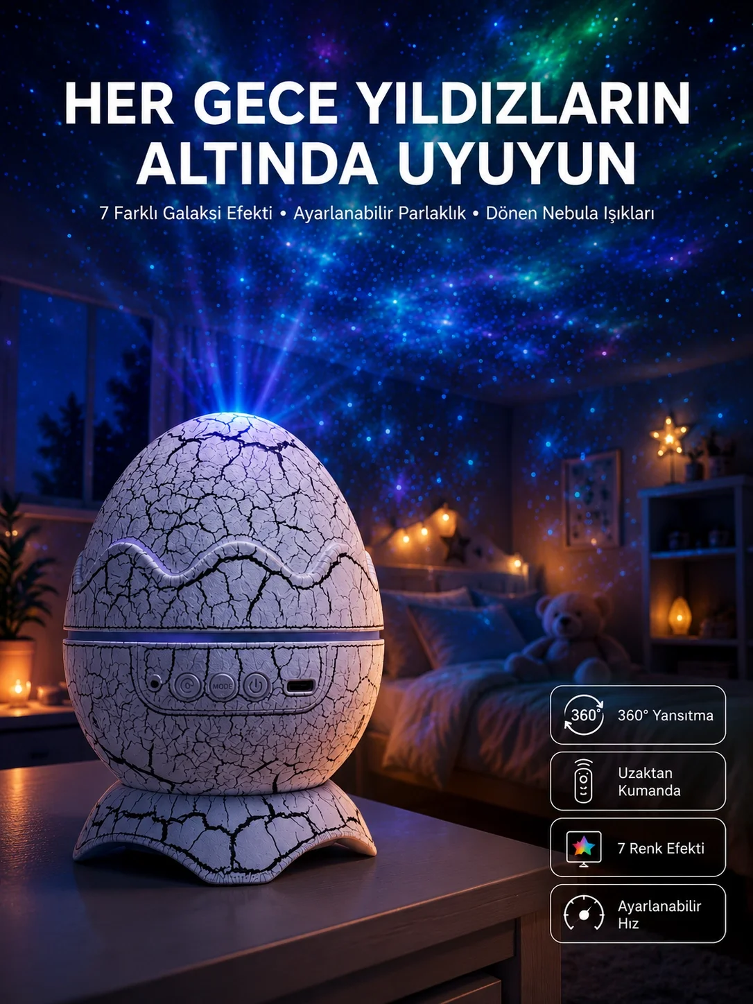 İthalat® Yumurta Görünümlü Masa ve Gece Lambası Renk Değiştirebilen Projektör