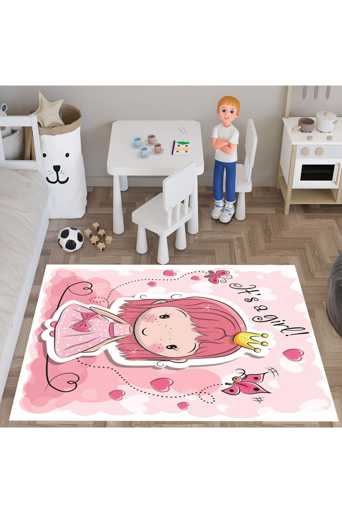 Evan Home İt's A Girl Desenli Çocuk Odası Takım Perde (İki Kanat),Yatak Örtüsü,Yastık,Kırlent ,Halı,Tablo